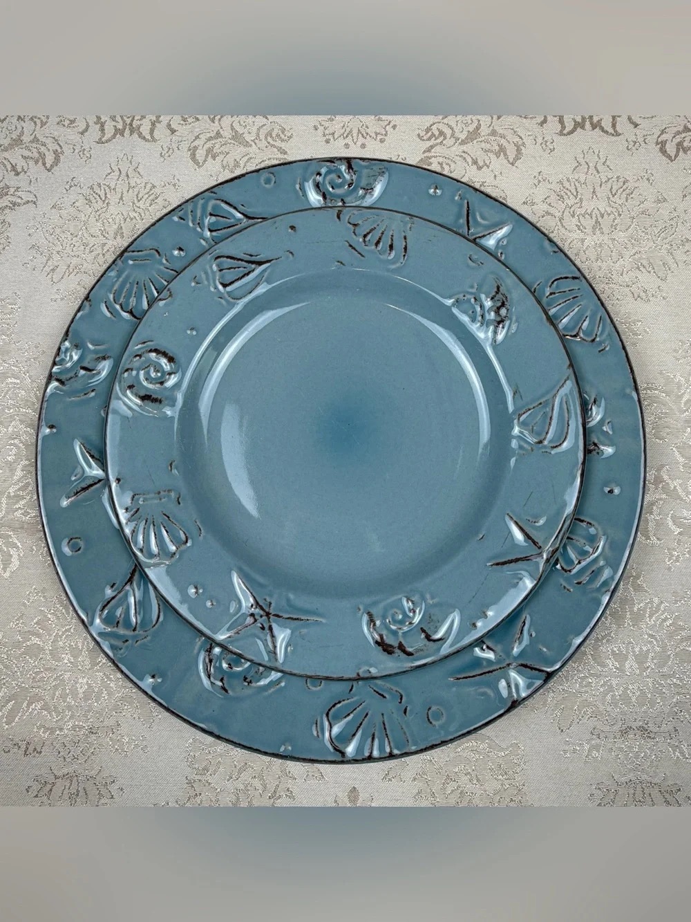 Thompson Seafoam Blue Embossed Ceramic Plate Set